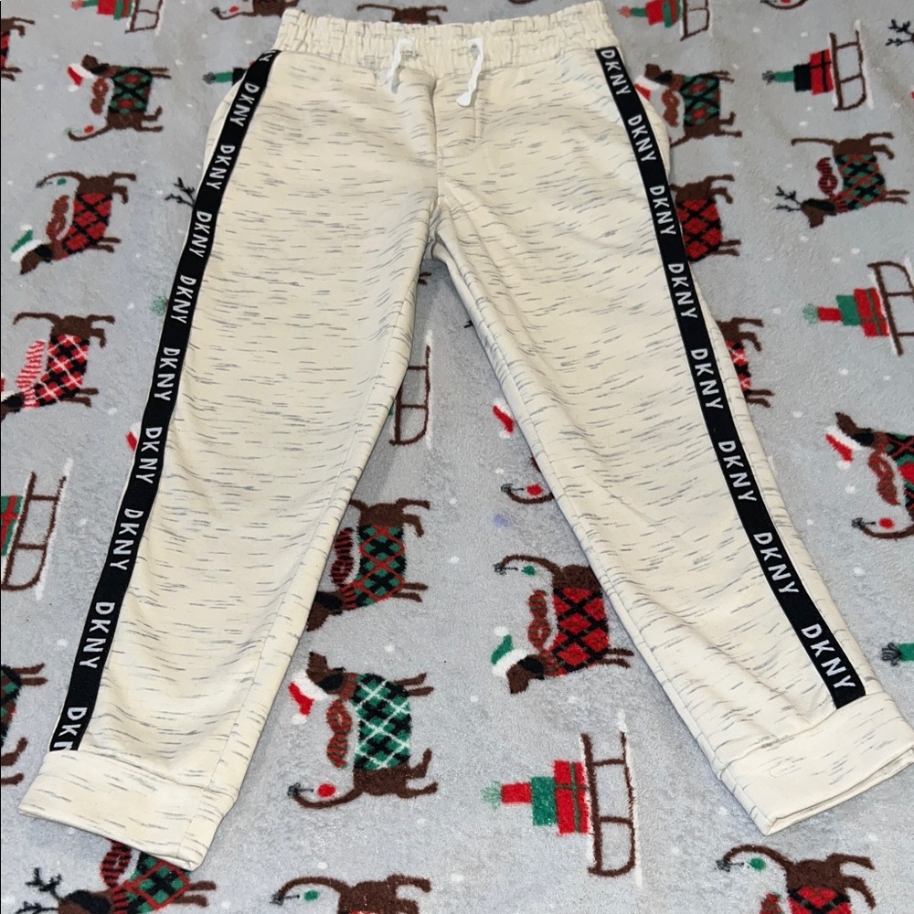 Kids DKNY Cream Joggers with Black Logo Stripes